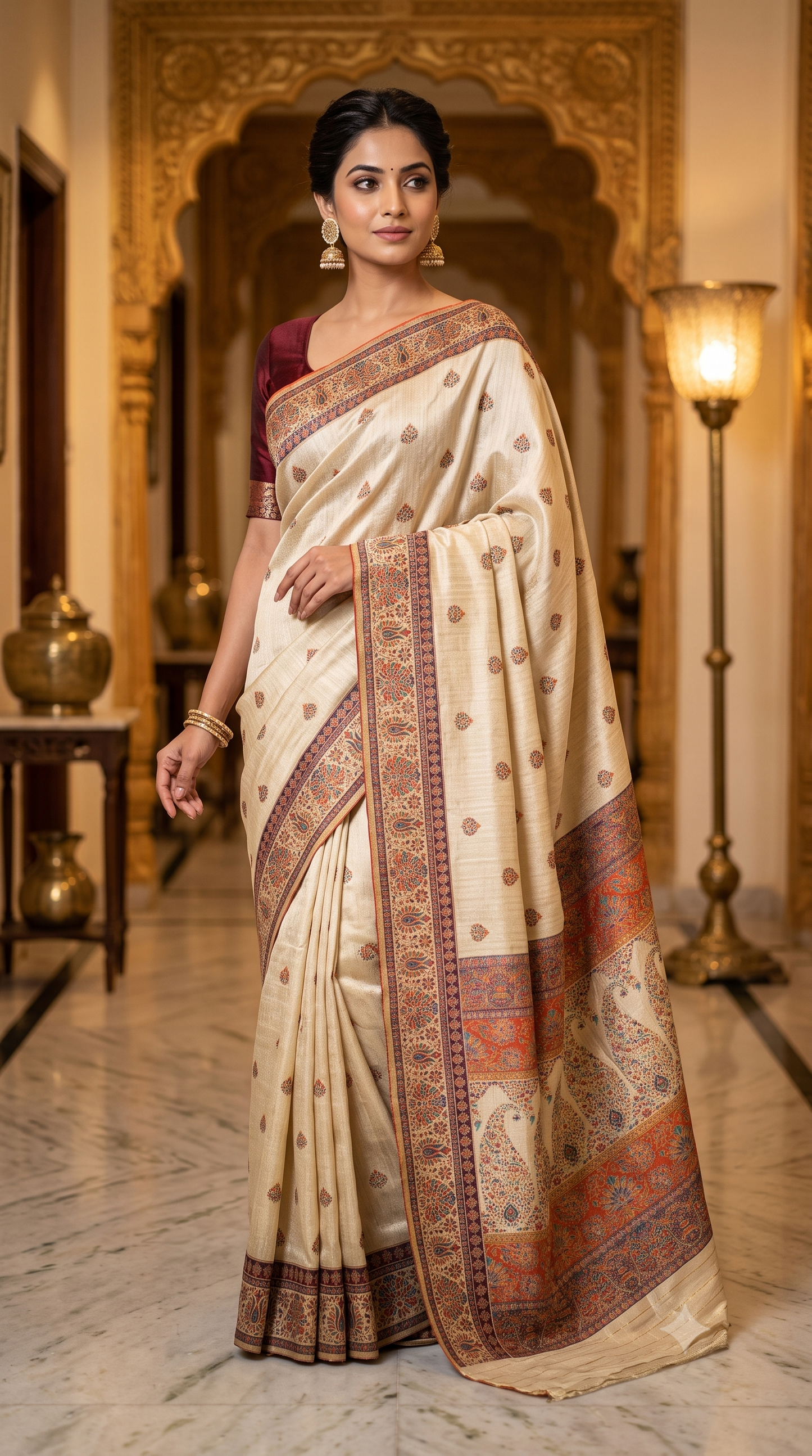 Premium Khaddi Silk Saree — Ivory with Zari Buttis & Banarasi Border