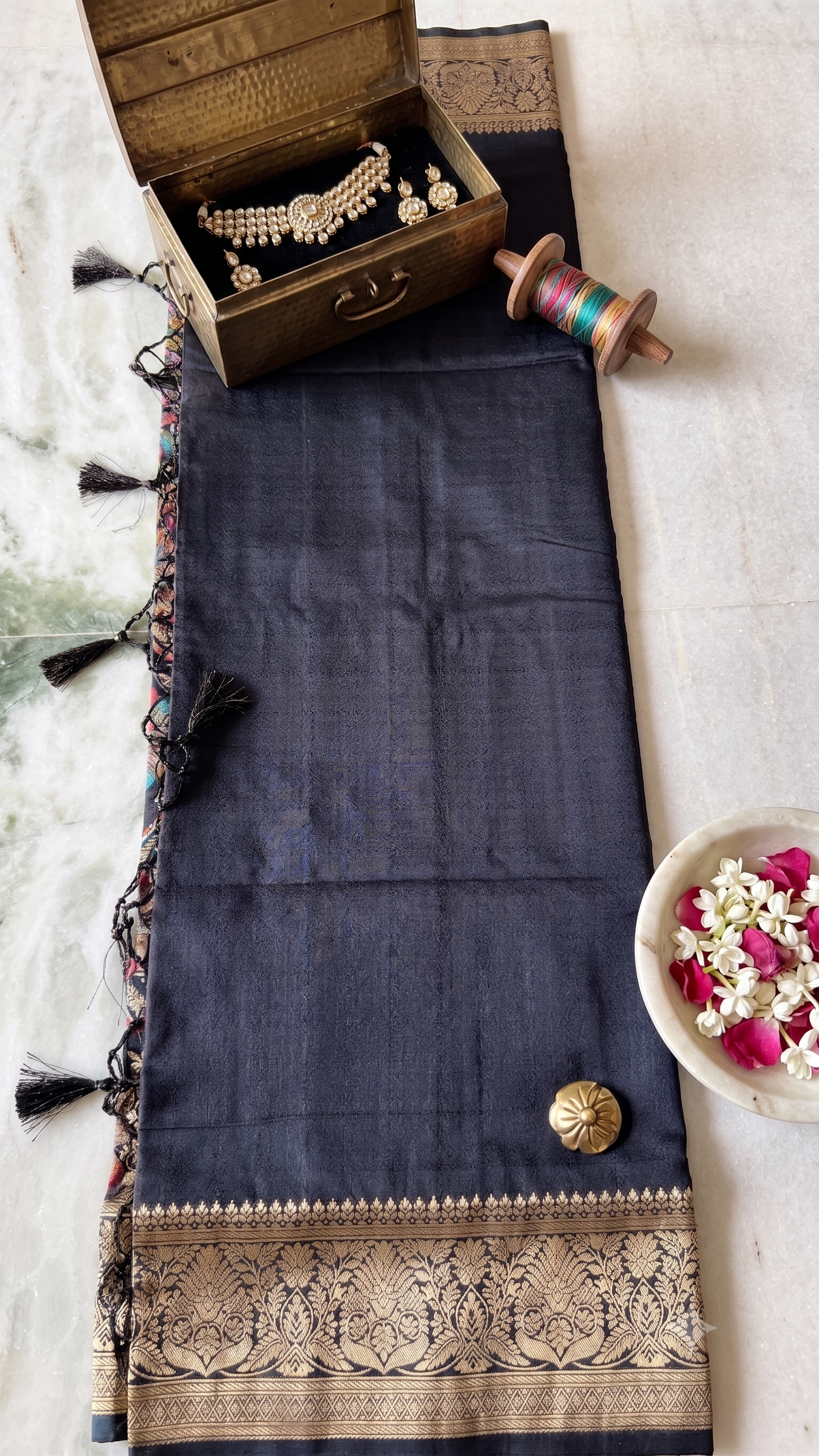 Charcoal Black Meenakari Ghicha Silk Mix Saree with Gold Zari Border