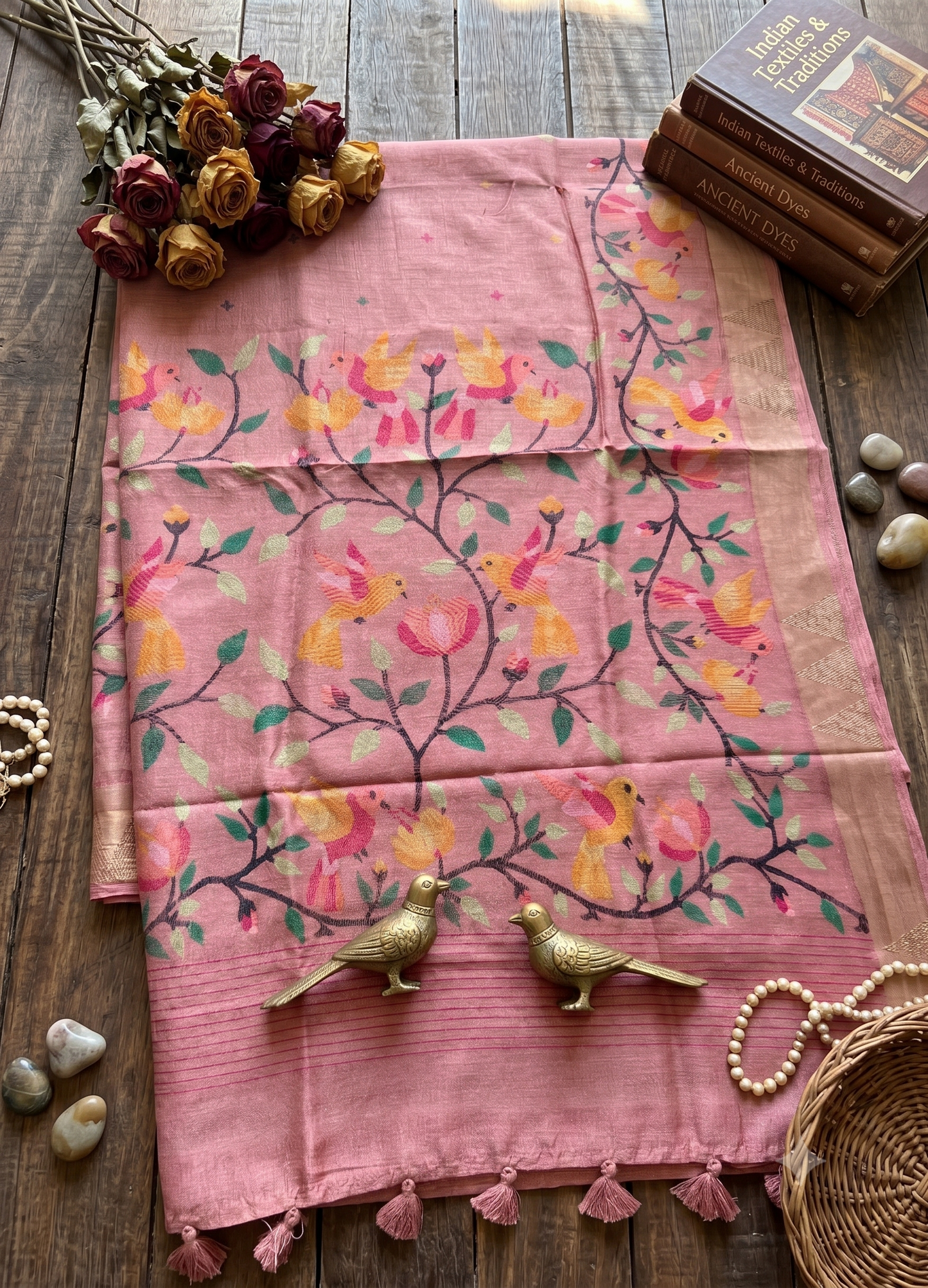 Dusty Rose Tussar Cotton Saree with Bird Motif Border – Traditional Handloom Style