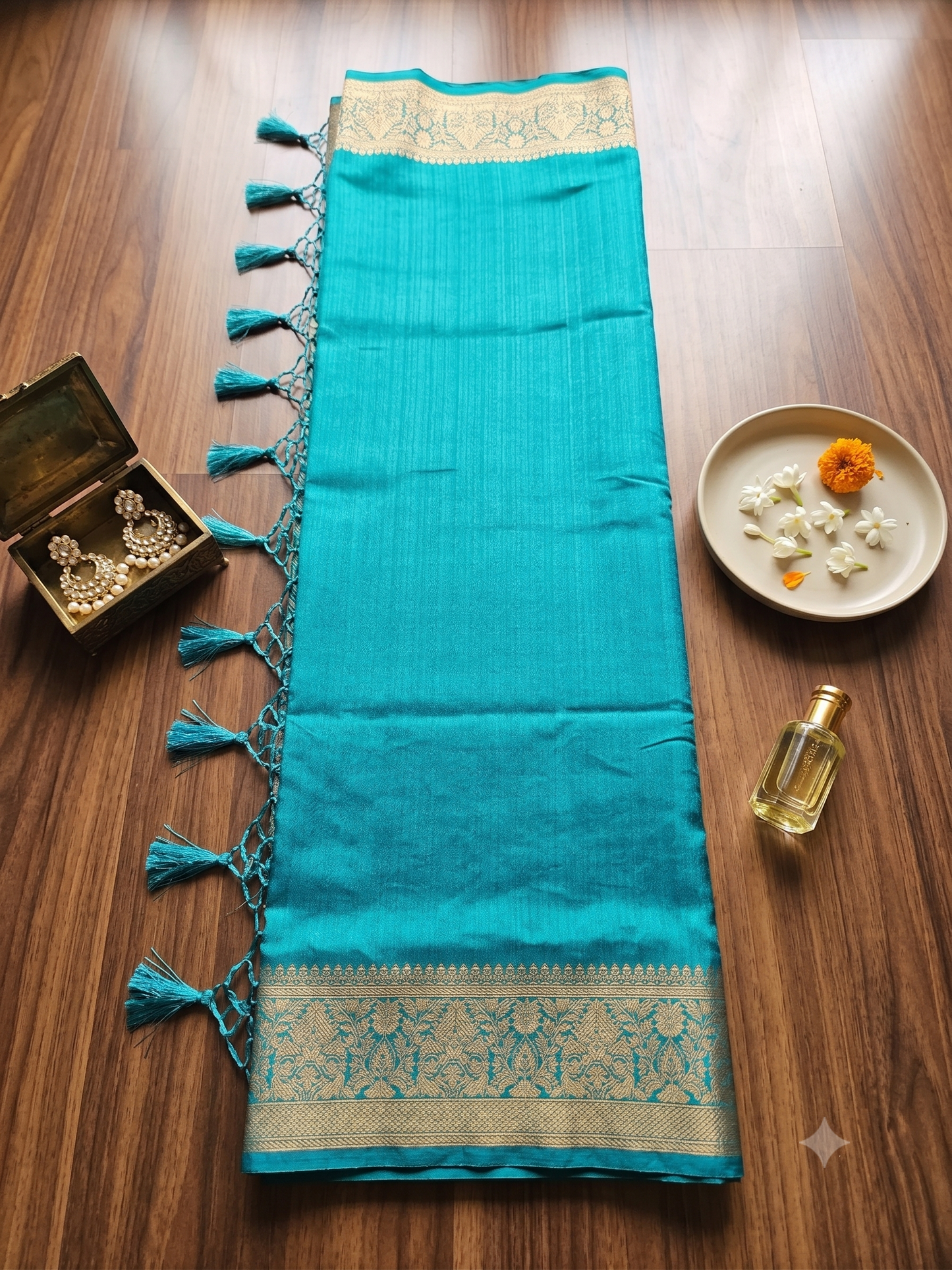 Teal Meenakari Ghicha Silk Mix Saree with Zari Border & Paisley Pallu