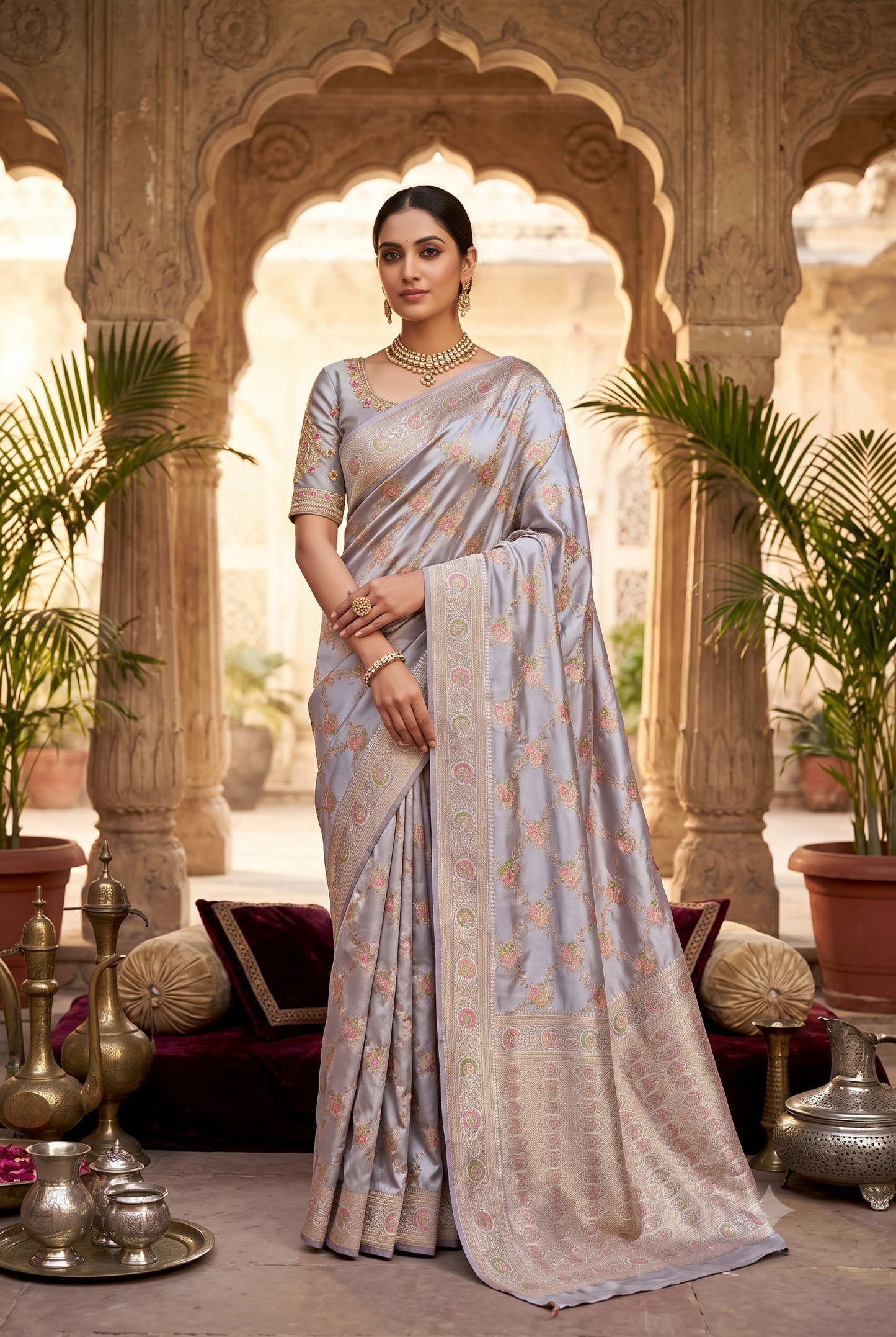 Light Lavender Banarasi Katan Silk Saree with Pink-Green Zari Floral Jaal & Blouse Piece
