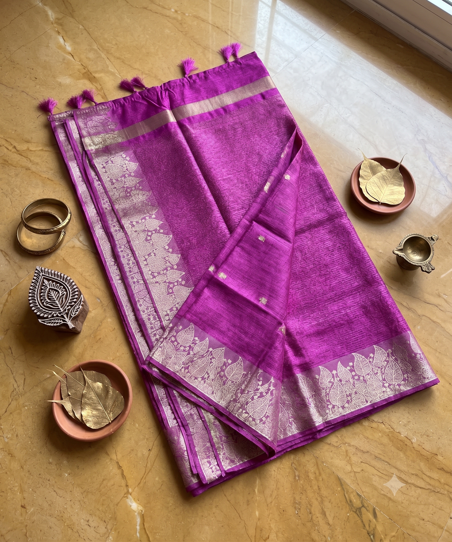 Magenta Semi Tussar Silk Saree with Gold Leaf Border