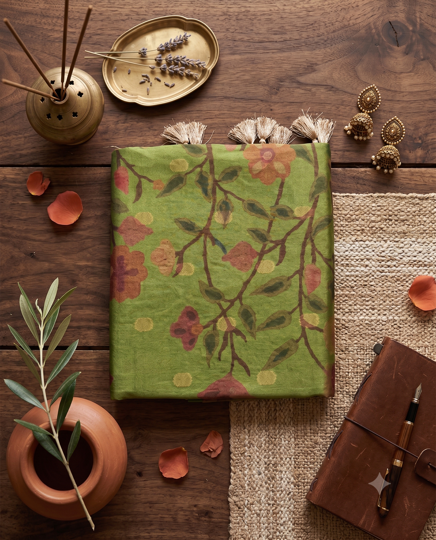 Olive Green Pathani Tissue Organza Saree with Zari Border – Floral Bird Motif