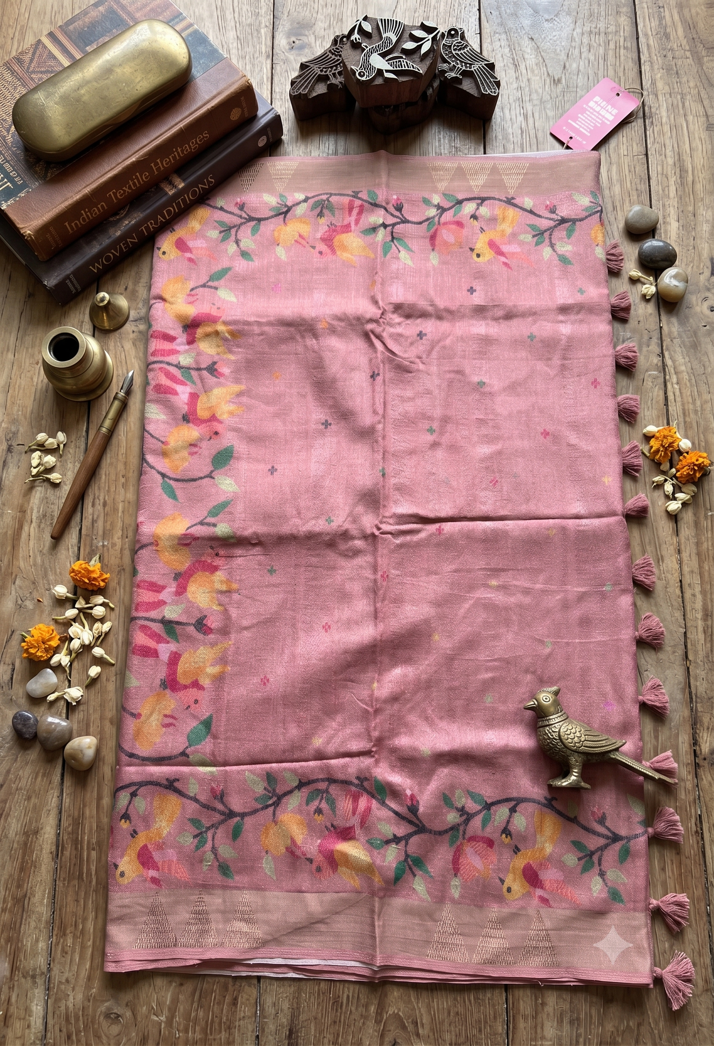 Dusty Rose Tussar Cotton Saree with Bird Motif Border – Traditional Handloom Style