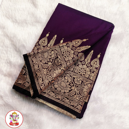 Kaya Kalpo Plum Purple Satin Crepe Silk Saree | Gold Zari Temple Border & Pallu | Bridal & Festive Wear