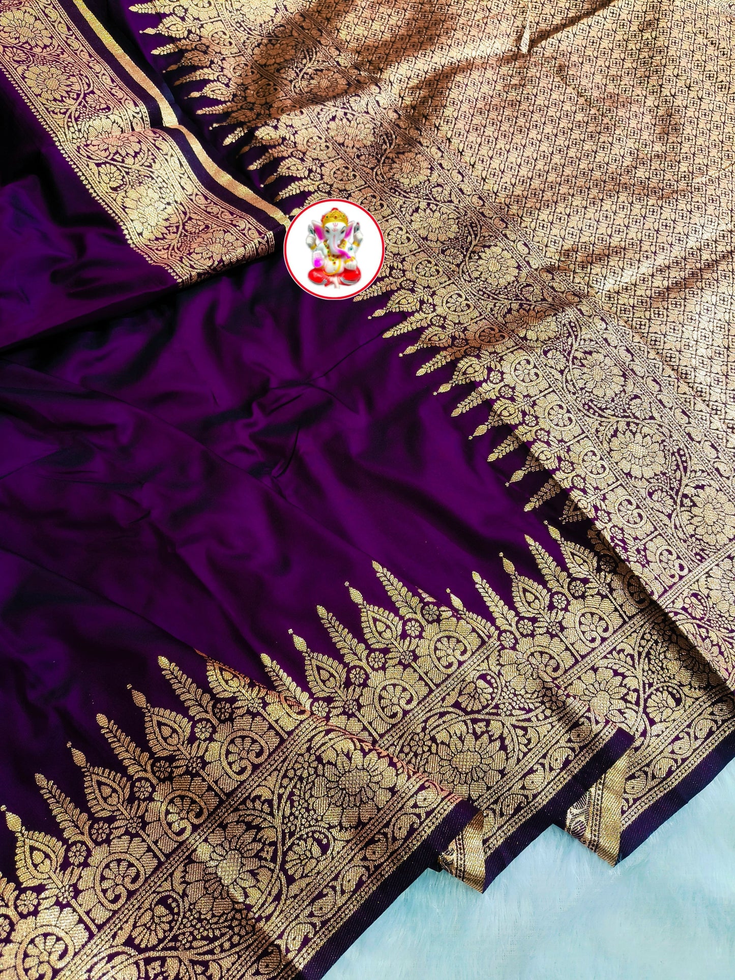 Kaya Kalpo Plum Purple Satin Crepe Silk Saree | Gold Zari Temple Border & Pallu | Bridal & Festive Wear