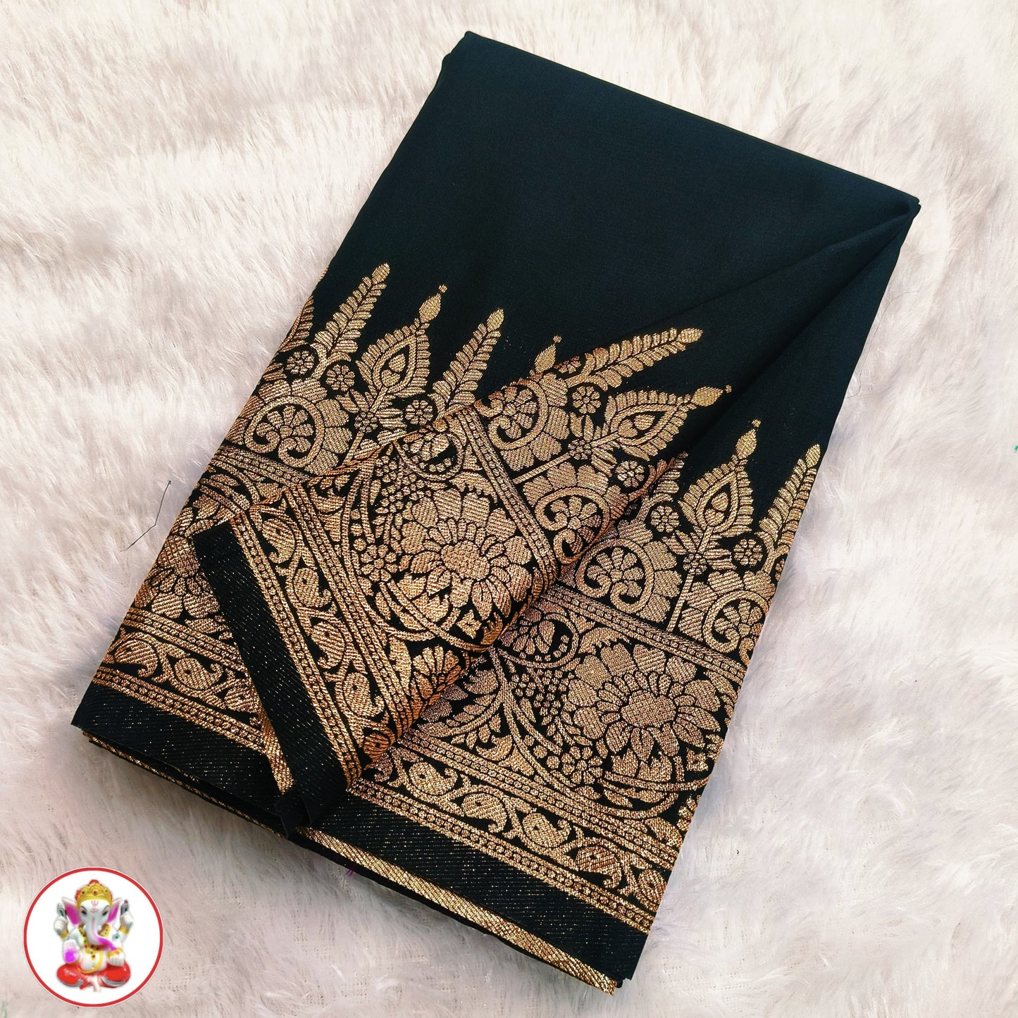 Kaya Kalpo Black Satin Crepe Silk Saree | Gold Zari Temple Border & Pallu | Party & Festive Wear