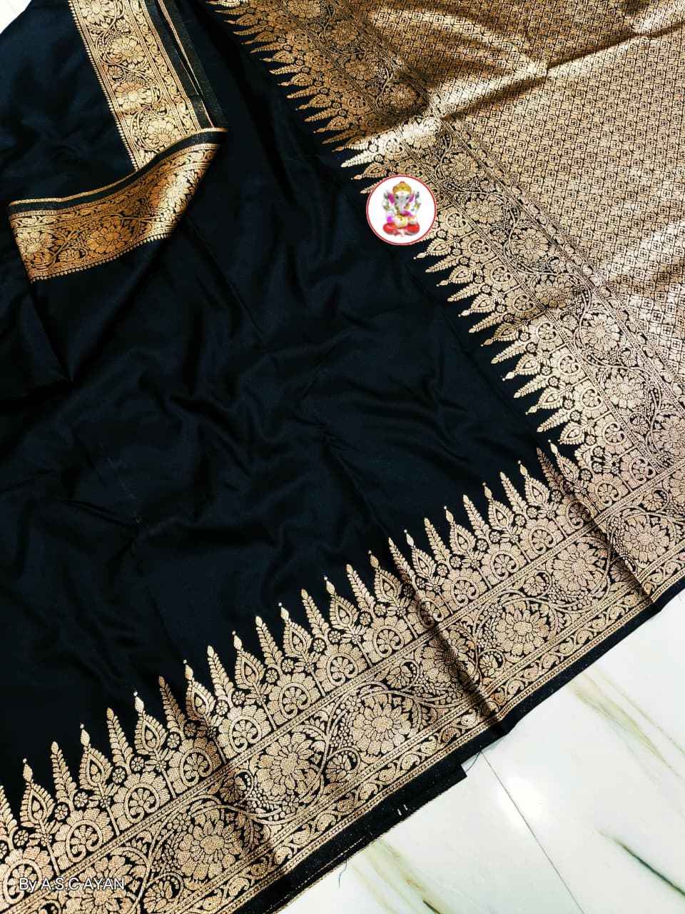 Kaya Kalpo Black Satin Crepe Silk Saree | Gold Zari Temple Border & Pallu | Party & Festive Wear