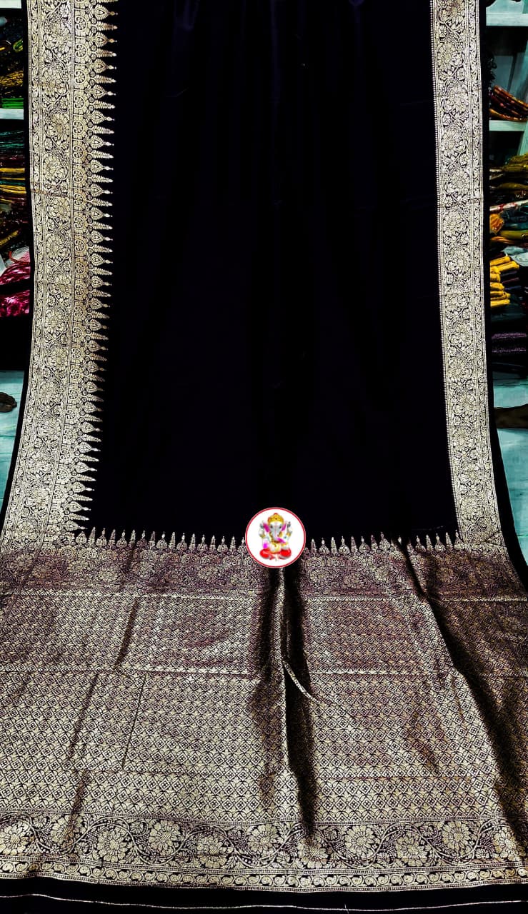 Kaya Kalpo Black Satin Crepe Silk Saree | Gold Zari Temple Border & Pallu | Party & Festive Wear