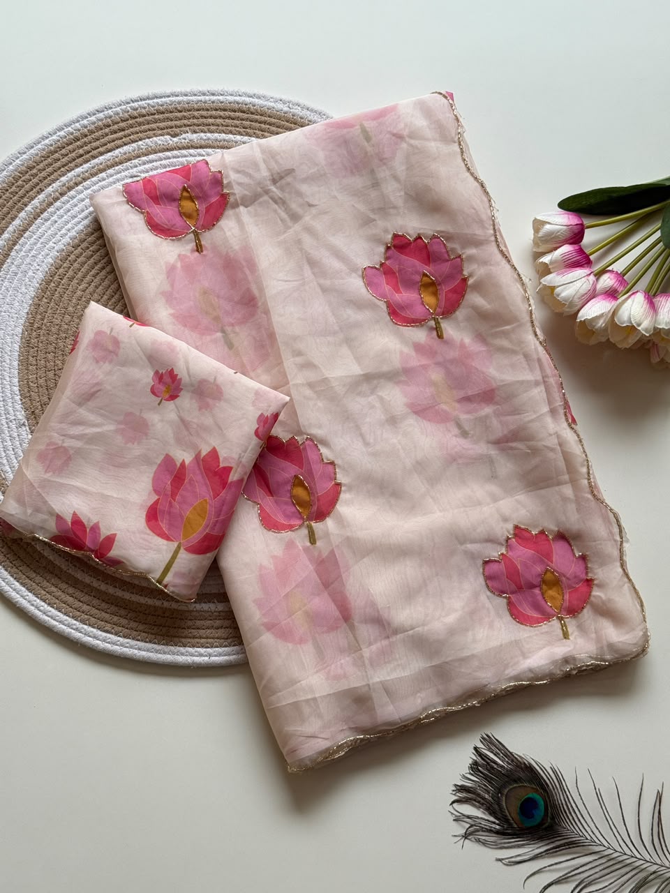 Peach Blush Lotus Buti Tebby Silk Saree with Cutdana Work | Kaya Kalpo