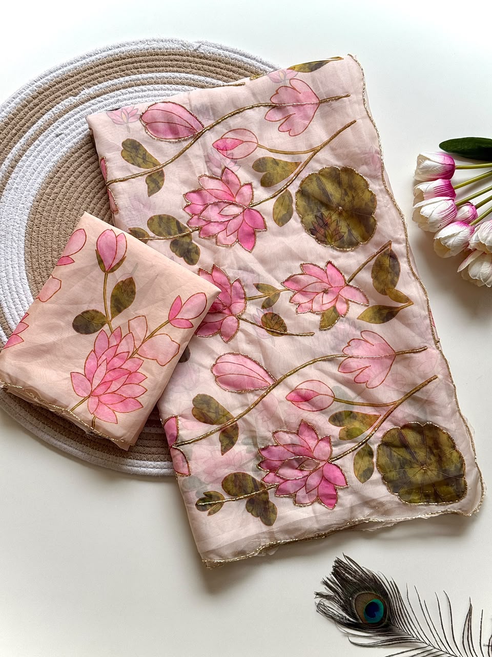Blush Pink Lotus Tebby Silk Saree with Cutdana Work | Kaya Kalpo