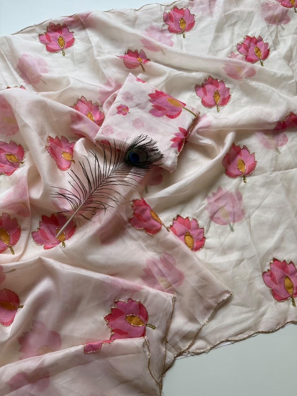 Peach Blush Lotus Buti Tebby Silk Saree with Cutdana Work | Kaya Kalpo