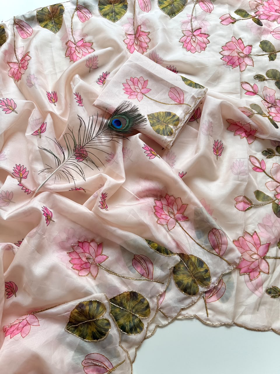 Blush Pink Lotus Tebby Silk Saree with Cutdana Work | Kaya Kalpo