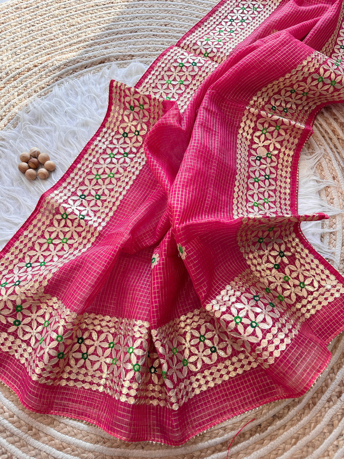 Magenta Pink Kota Doria Saree with Gold Gota Border and Embroidered Buttis | Kaya Kalpo