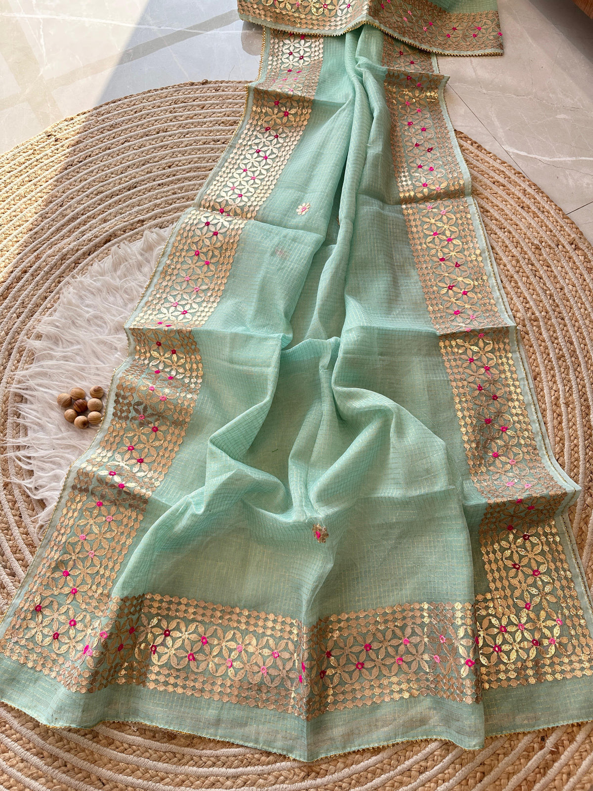 Mint Green Kota Doria Saree with Gold Gota Border and Embroidered Buttis | Kaya Kalpo