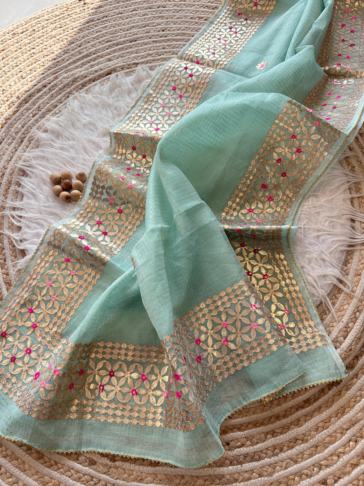 Mint Green Kota Doria Saree with Gold Gota Border and Embroidered Buttis | Kaya Kalpo