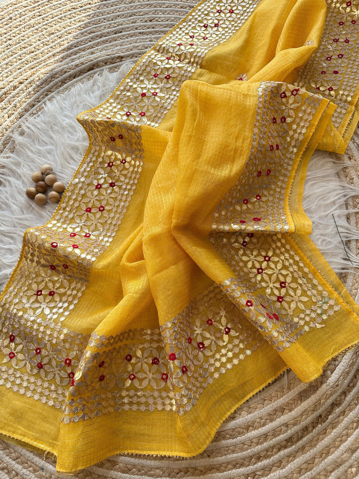 Yellow Kota Doria Saree with Gold Gota Border and Embroidered Buttis | Kaya Kalpo