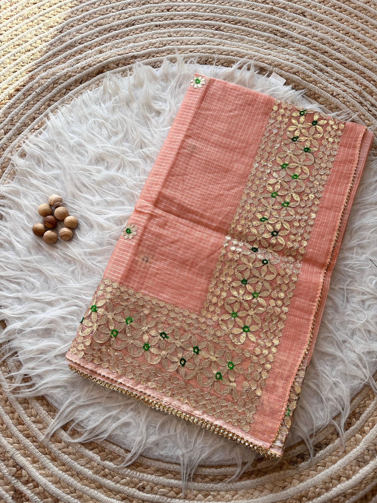 Peach Kota Doria Saree with Gold Gota Border and Embroidered Buttis | Kaya Kalpo