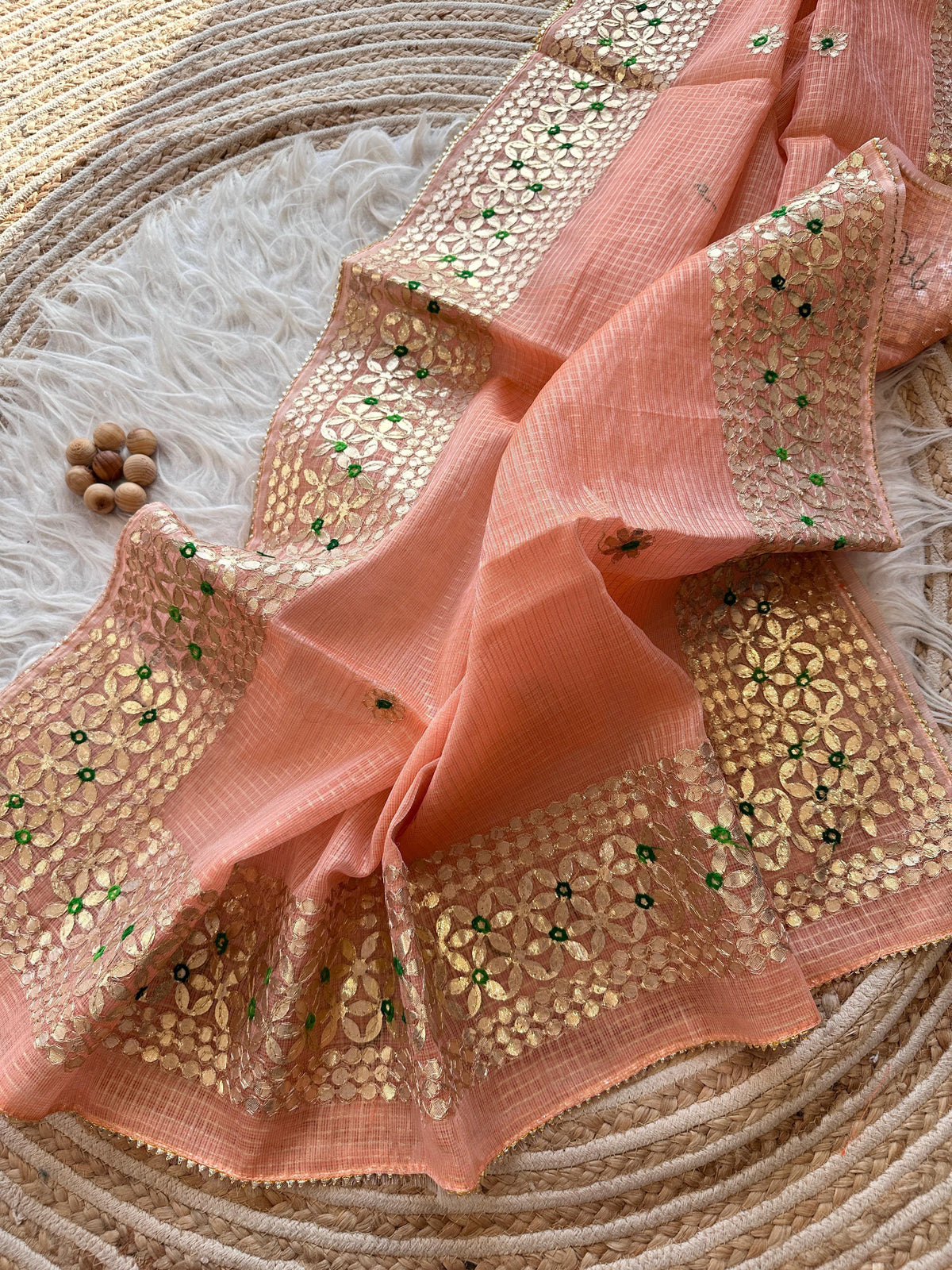 Peach Kota Doria Saree with Gold Gota Border and Embroidered Buttis | Kaya Kalpo