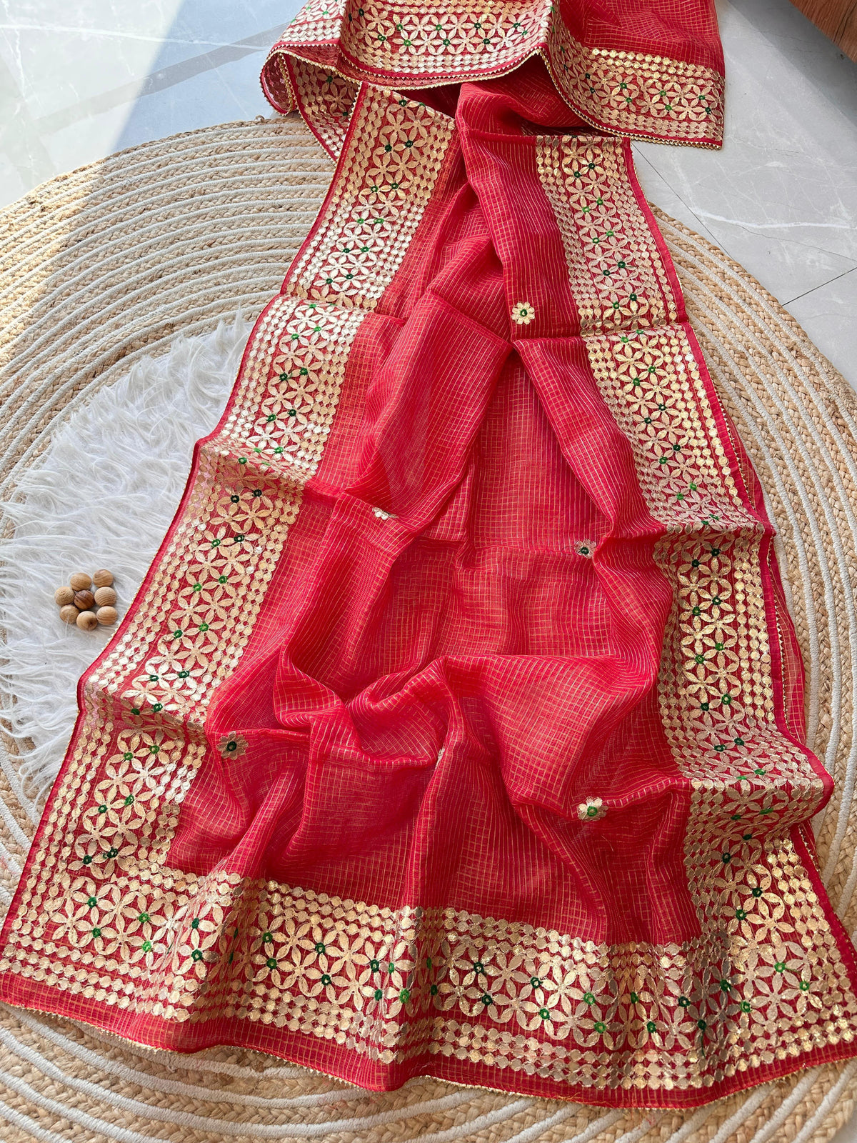 Red Kota Doria Saree with Gold Gota Border and Embroidered Buttis | Kaya Kalpo