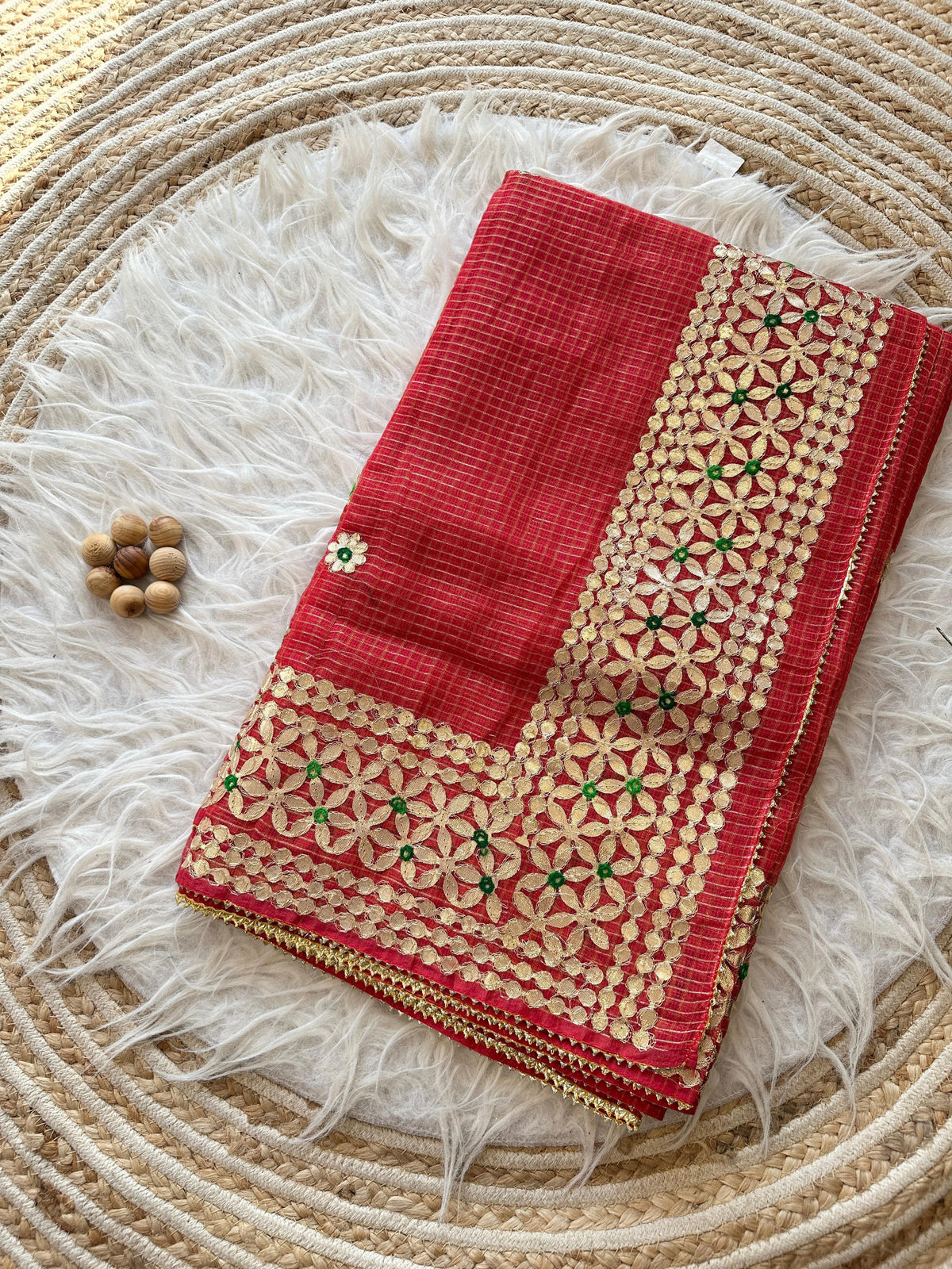 Red Kota Doria Saree with Gold Gota Border and Embroidered Buttis | Kaya Kalpo