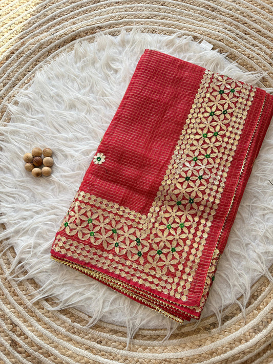 Red Kota Doria Saree with Gold Gota Border and Embroidered Buttis | Kaya Kalpo