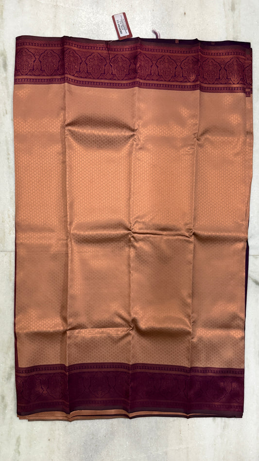 Kanchipuram Silk Saree with Blouse Piece – Copper Gold Saree with Maroon Zari Border | Traditional & Festive Wear