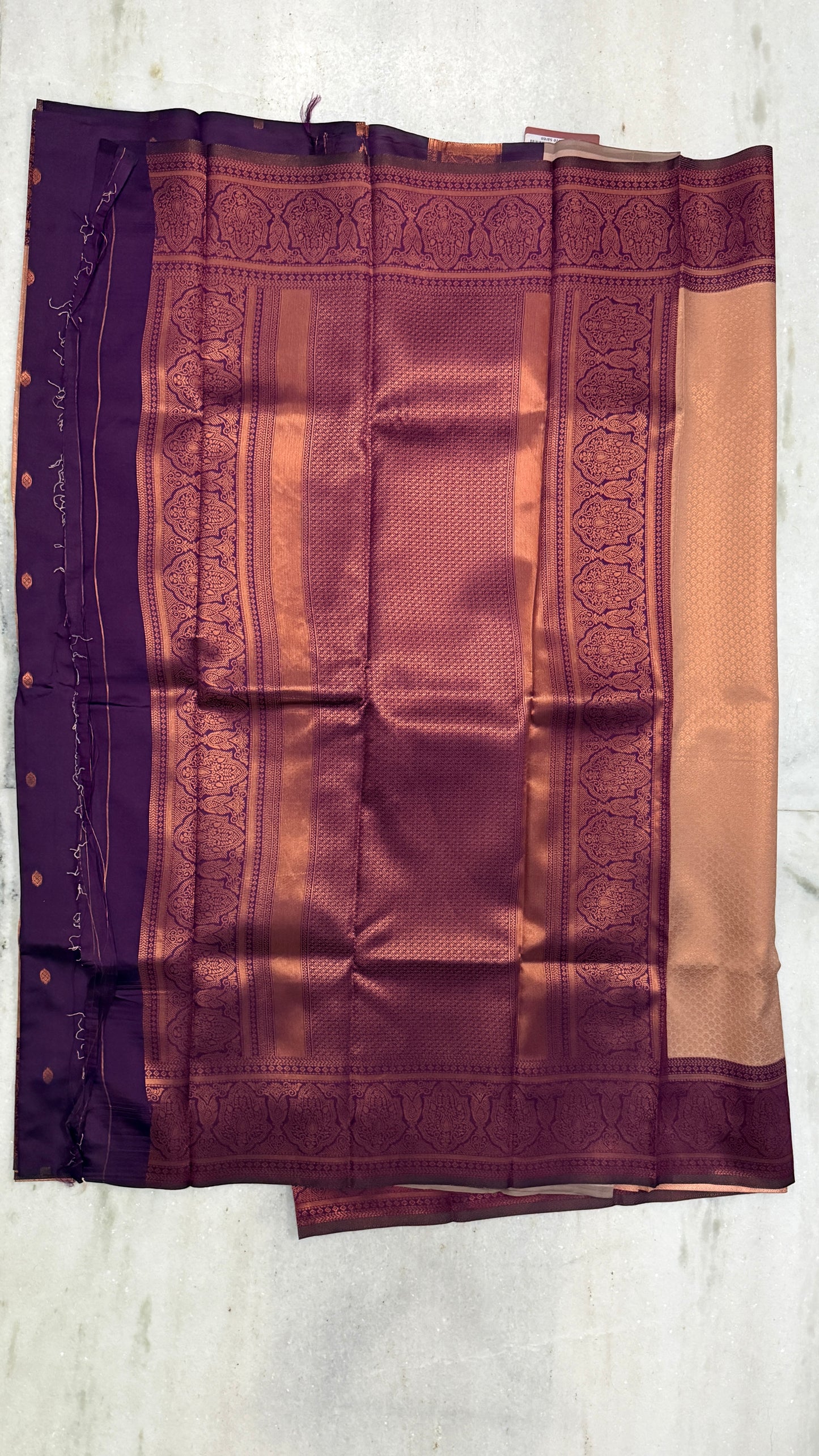 Kanchipuram Silk Saree with Blouse Piece – Copper Gold Saree with Maroon Zari Border | Traditional & Festive Wear
