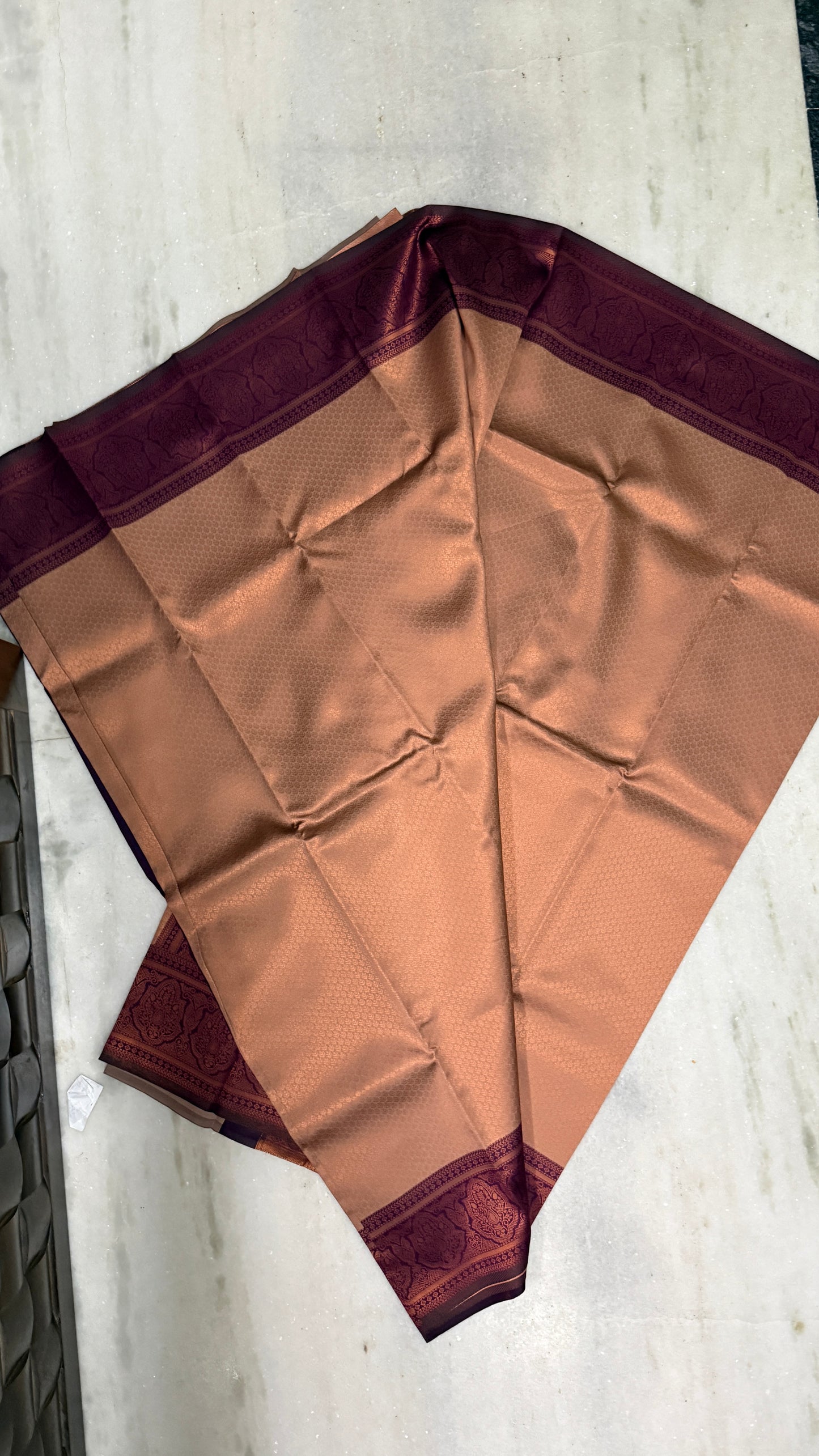 Kanchipuram Silk Saree with Blouse Piece – Copper Gold Saree with Maroon Zari Border | Traditional & Festive Wear