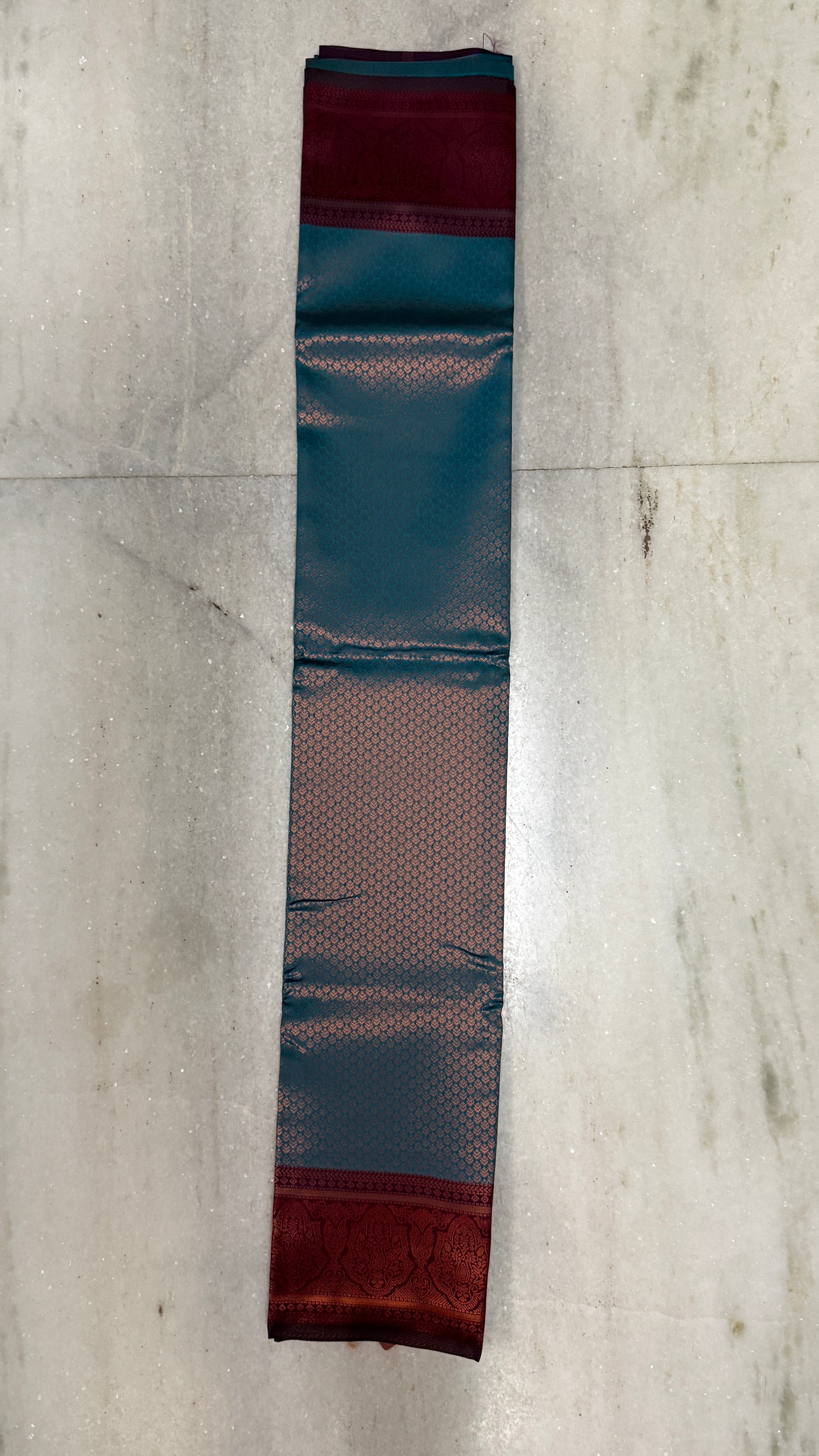 Kanchipuram Silk Saree with Blouse Piece – Teal Green Zari Woven Saree with Maroon Border
