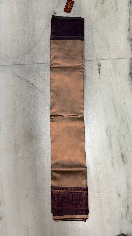 Kanchipuram Silk Saree with Blouse Piece – Copper Brown Zari Woven Saree with Contrast Border