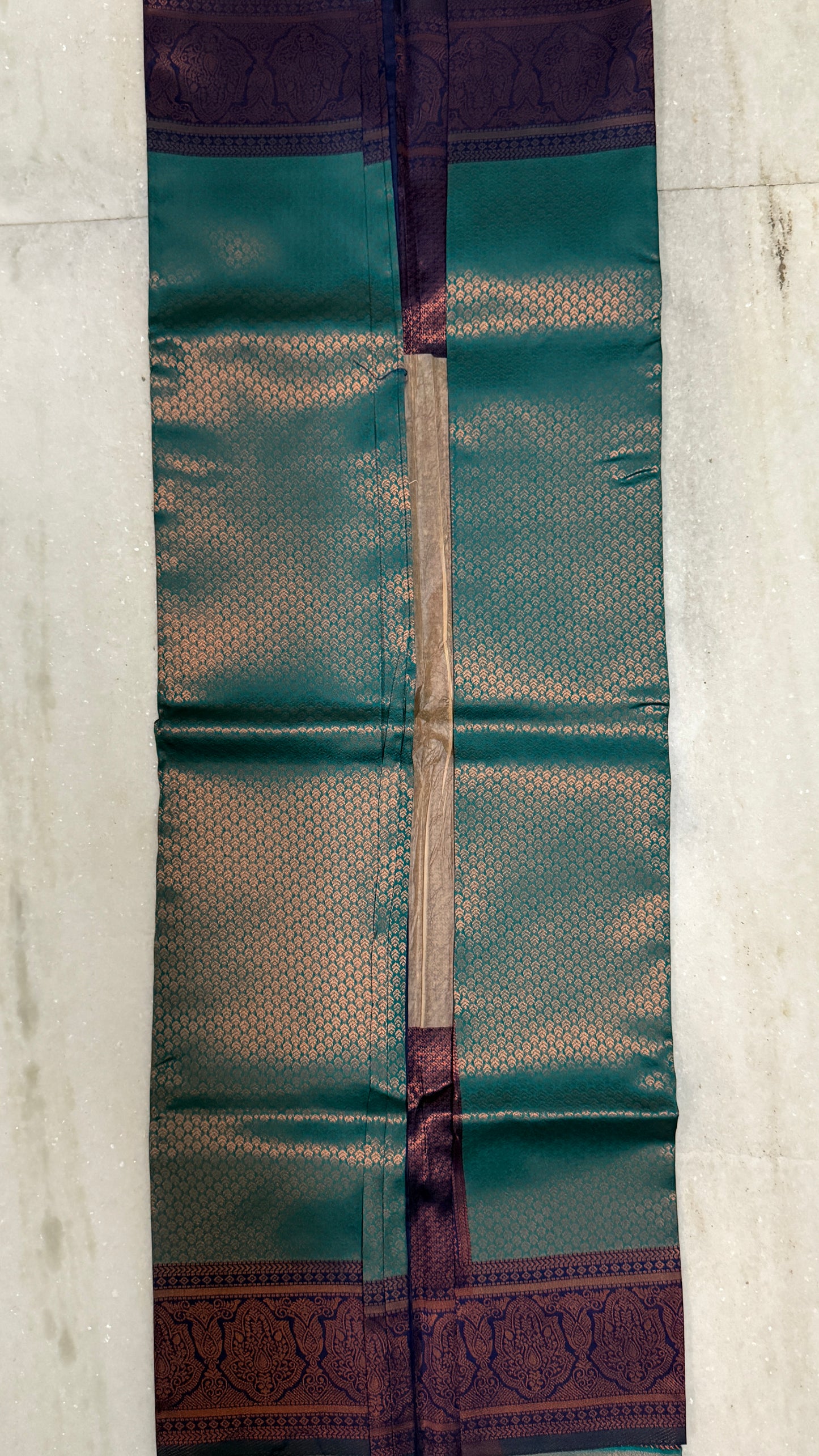 Kanchipuram Silk Saree with Blouse Piece – Teal Green Zari Woven Saree with Maroon Border