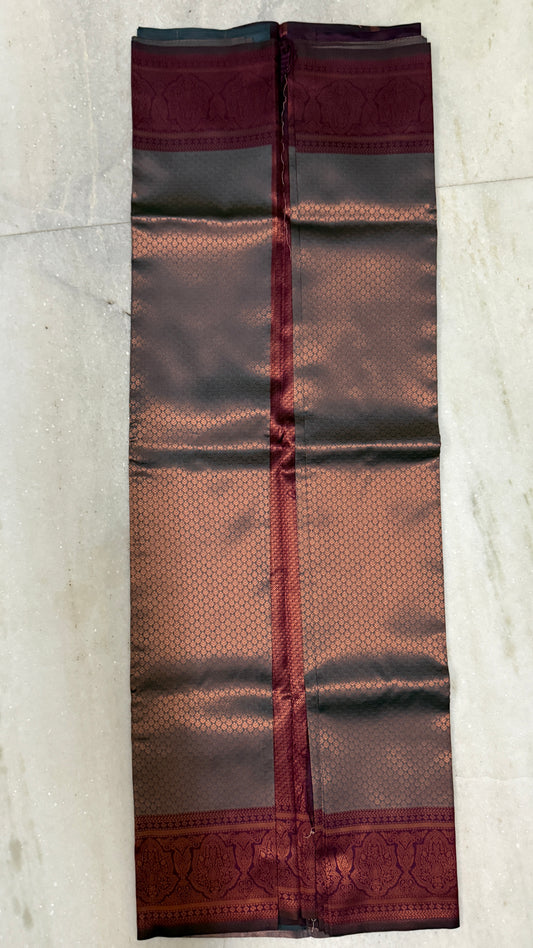 Kanchipuram Silk Saree with Blouse Piece – Charcoal Grey & Maroon Zari Woven Saree with Rich Border