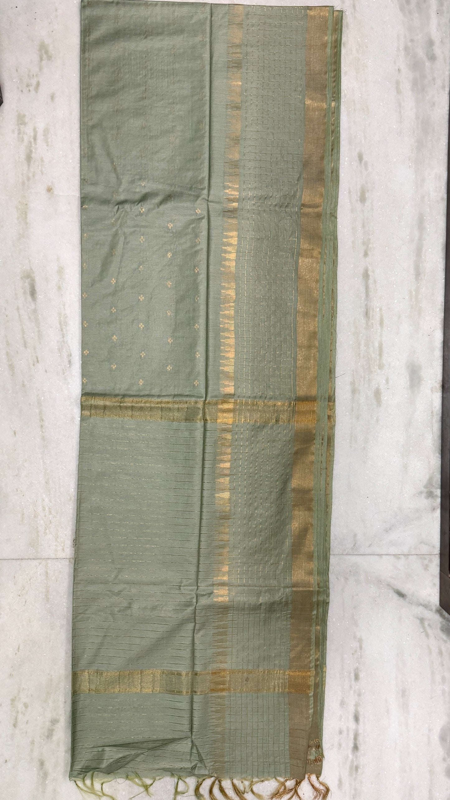 Handloom Cotton Silk Saree with Blouse Piece – Light Sage Green Lightweight Office Wear Saree with Gold Zari Border