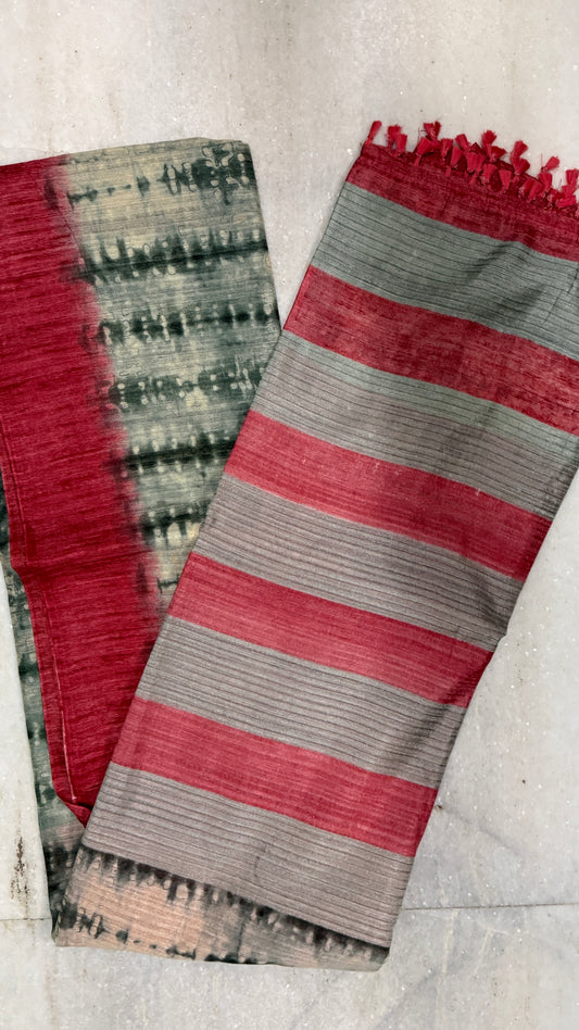 Handloom Cotton Silk Saree with Blouse Piece – Lightweight Daily Wear Saree in Red & Beige Tie-Dye Design
