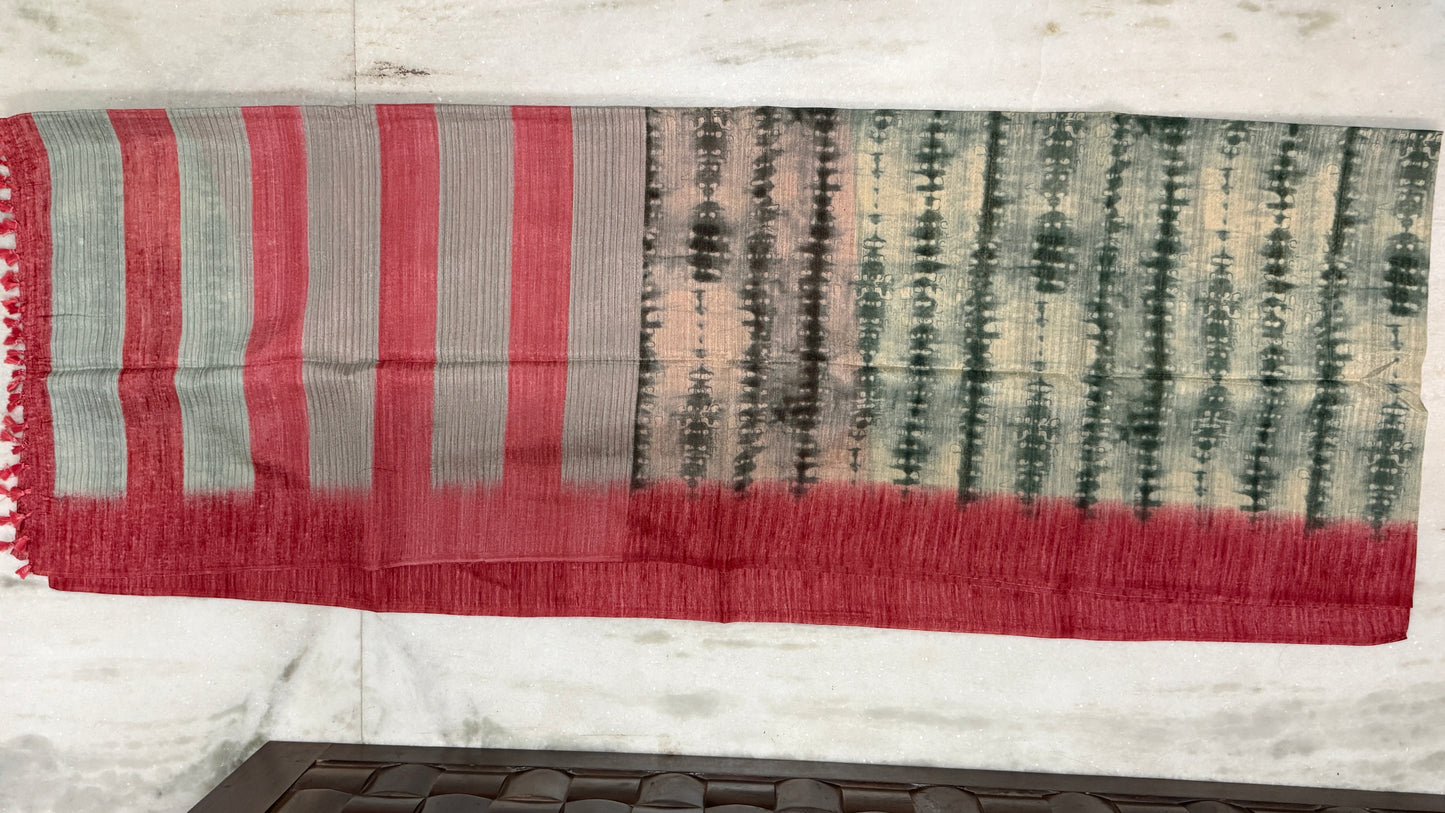 Handloom Cotton Silk Saree with Blouse Piece – Lightweight Daily Wear Saree in Red & Beige Tie-Dye Design