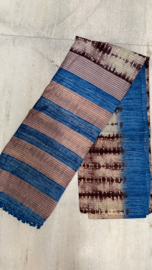 Handloom Cotton Silk Saree with Blouse Piece – Blue & Beige Tie-Dye Lightweight Daily Wear Saree