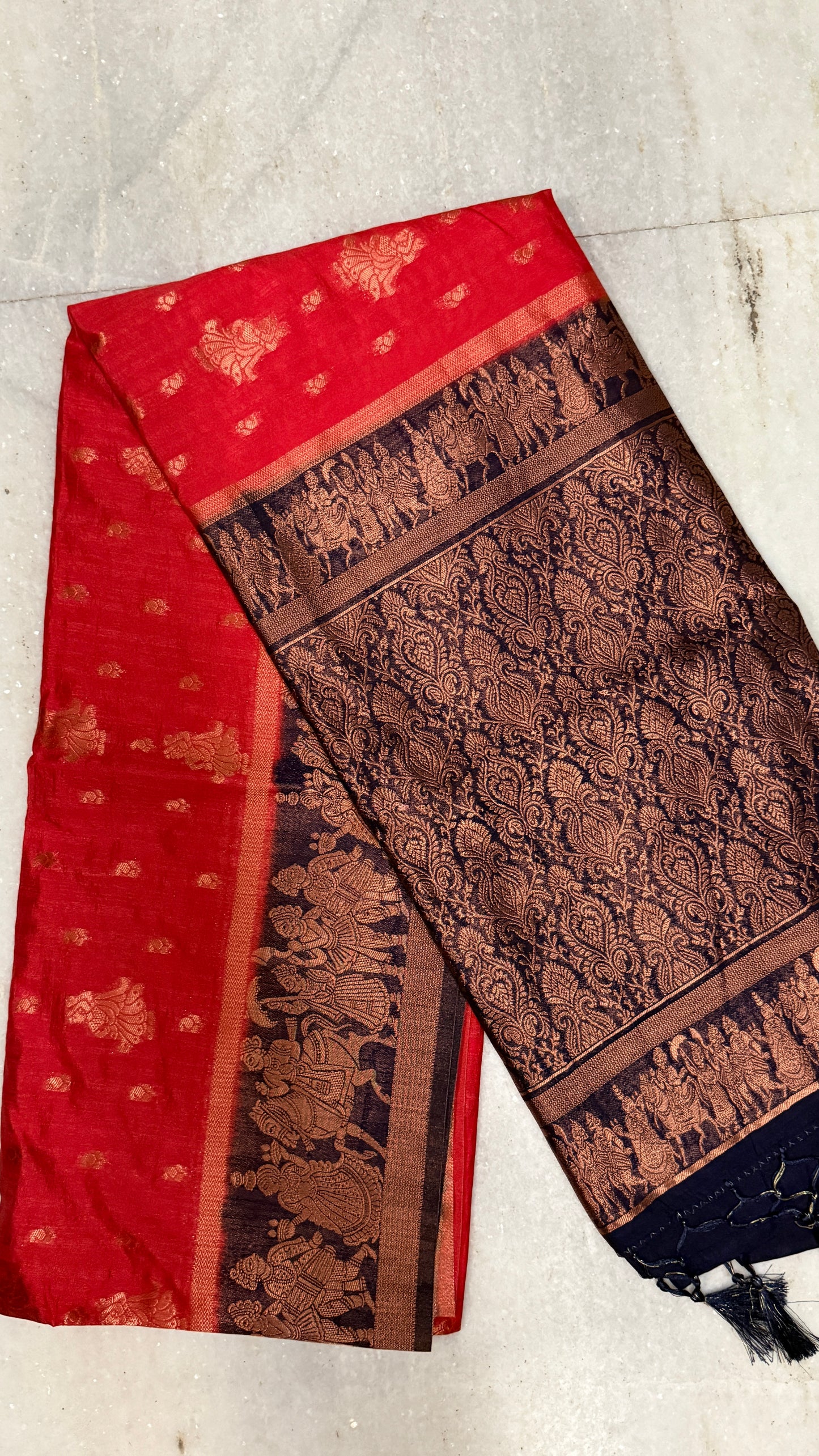 Red Baluchari Silk Saree with Antique Gold Woven Border & Blouse Piece