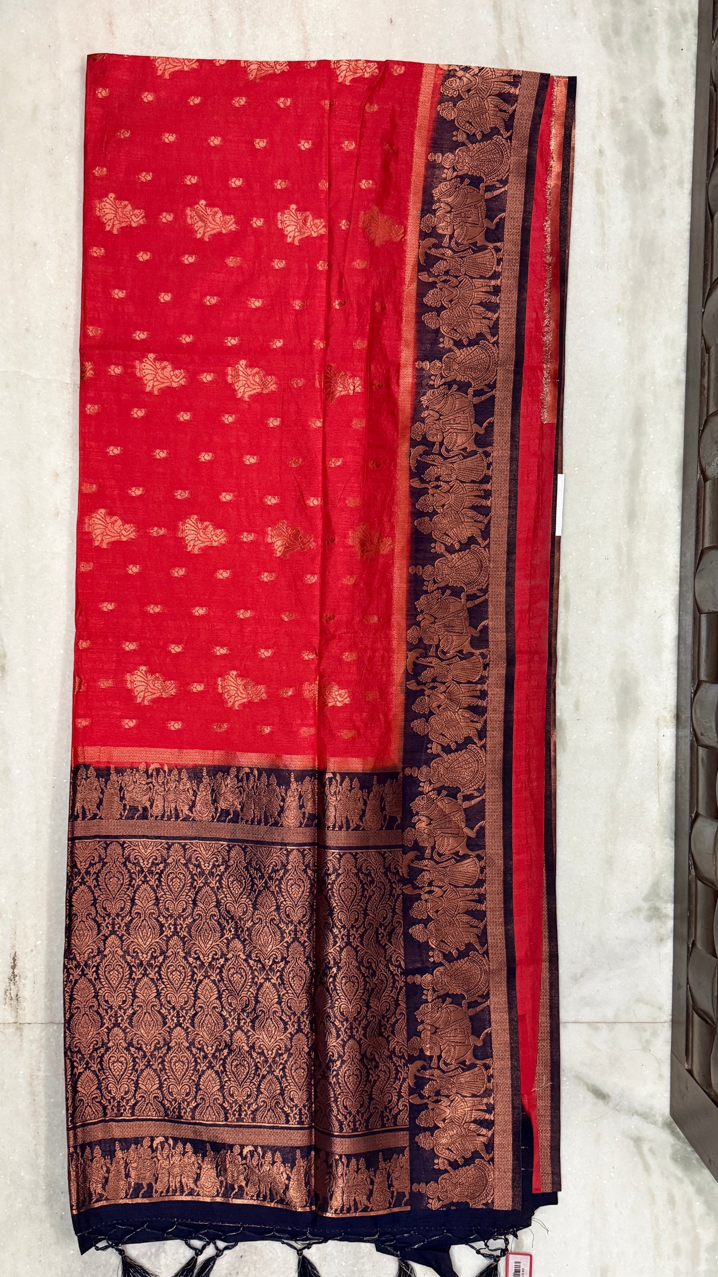 Red Baluchari Silk Saree with Antique Gold Woven Border & Blouse Piece