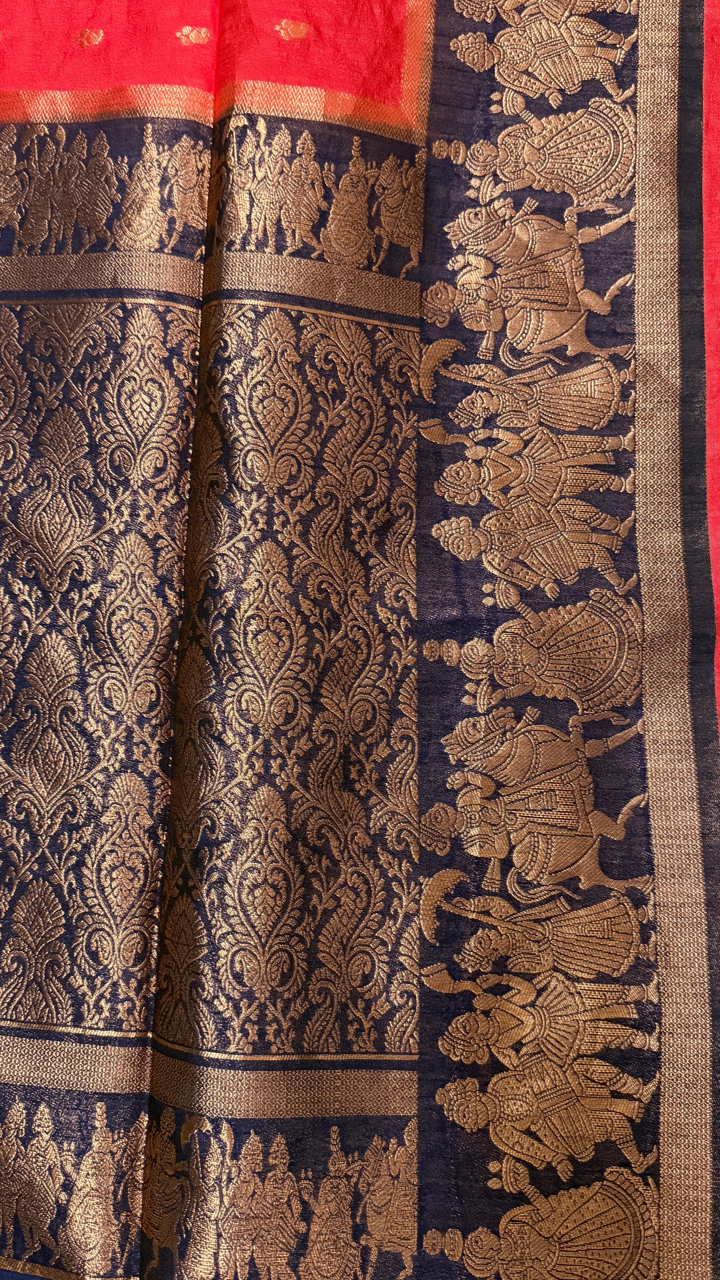 Red Baluchari Silk Saree with Antique Gold Woven Border & Blouse Piece
