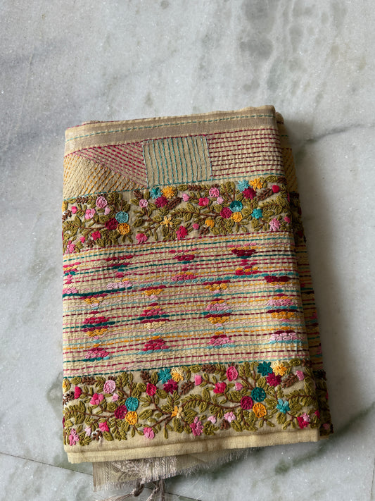 Kaya Kalpo Cream Benarasi Kota Silk Saree with Floral Embroidery Work