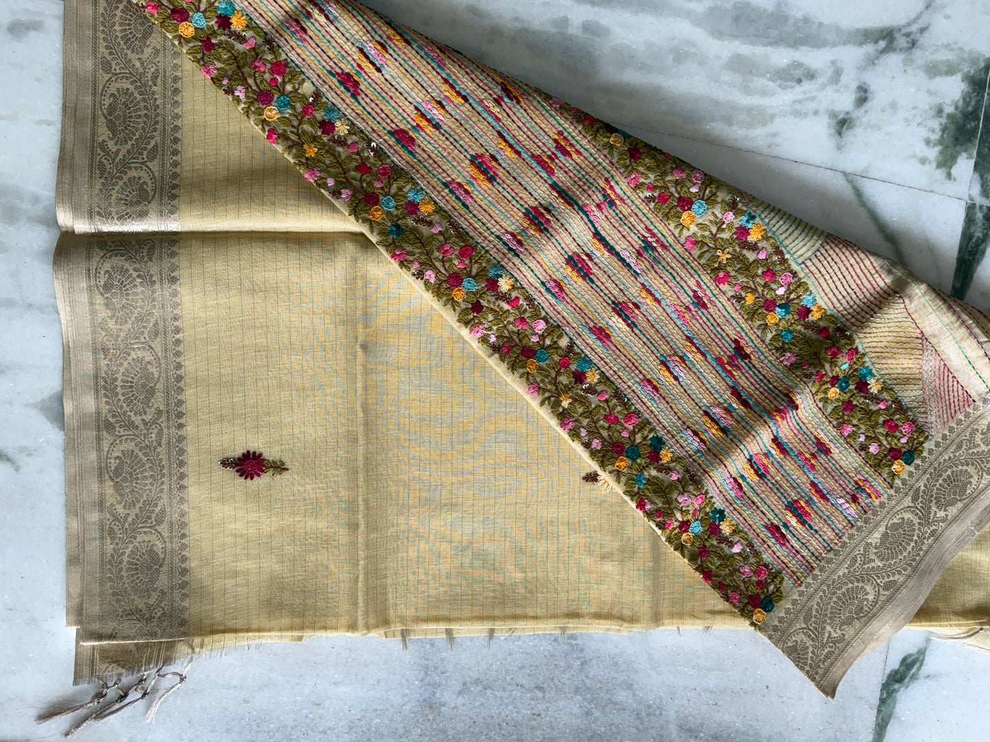 Kaya Kalpo Cream Benarasi Kota Silk Saree with Floral Embroidery Work