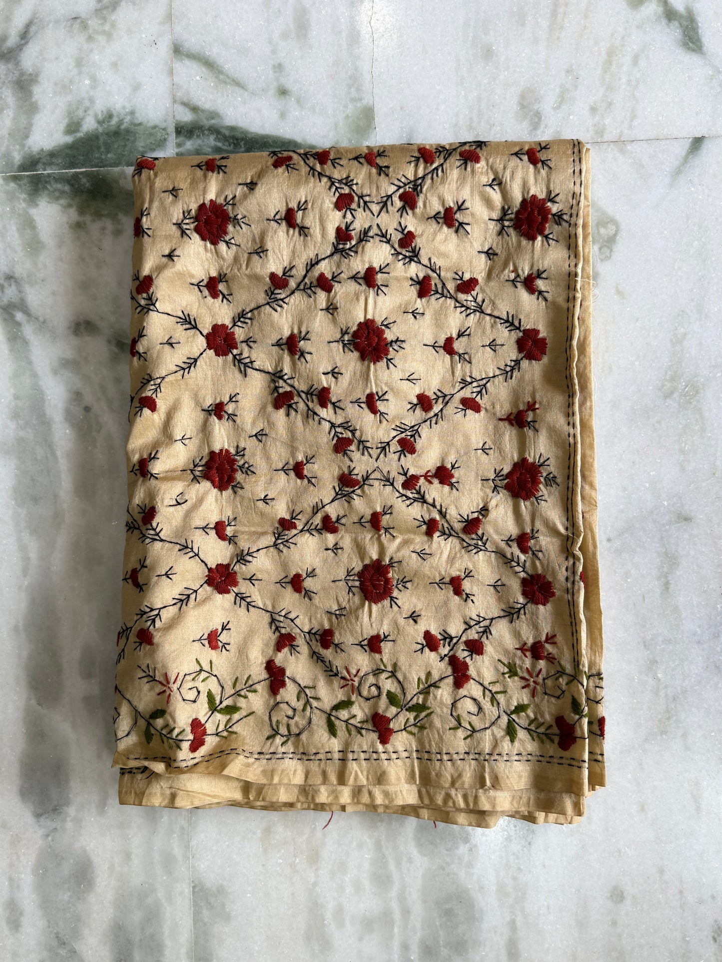 Kaya Kalpo Beige Kantha Stitch Saree with Floral Embroidery Work