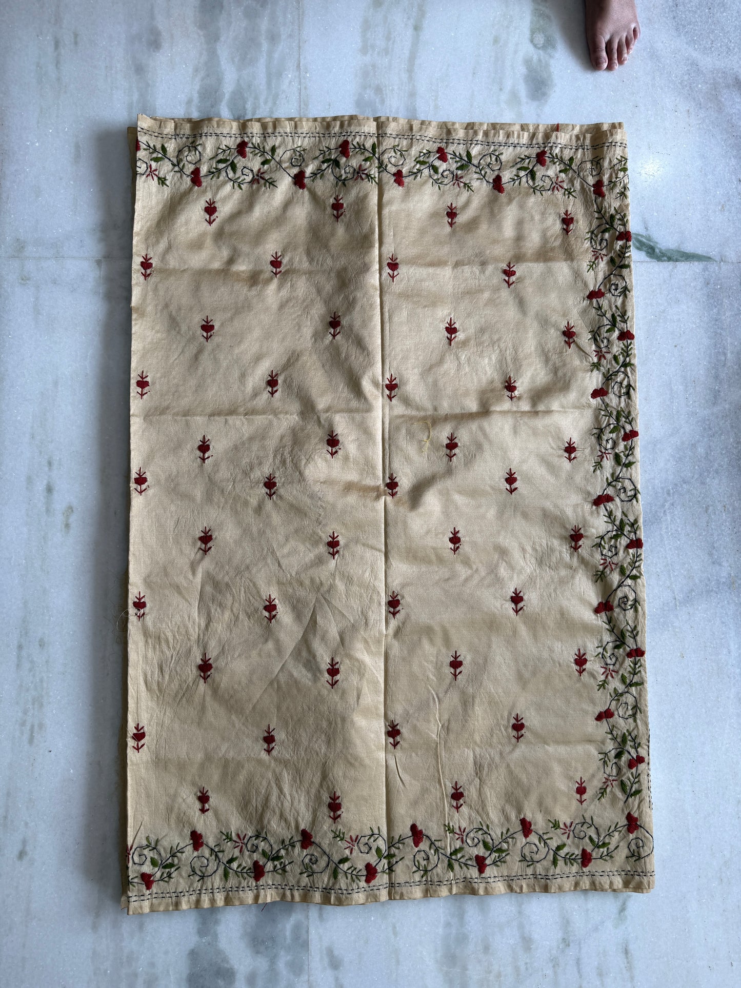 Kaya Kalpo Beige Kantha Stitch Saree with Floral Embroidery Work