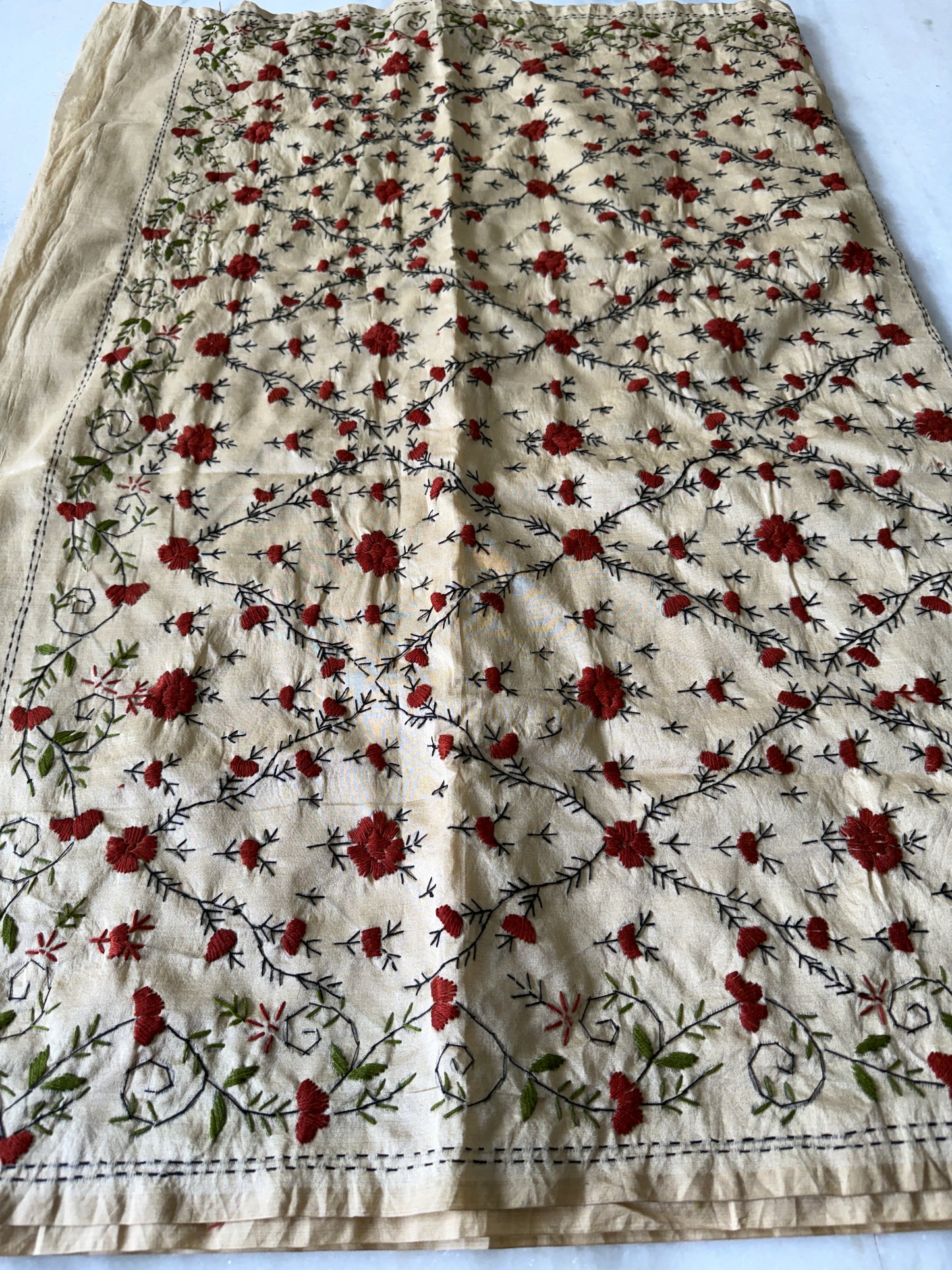 Kaya Kalpo Beige Kantha Stitch Saree with Floral Embroidery Work