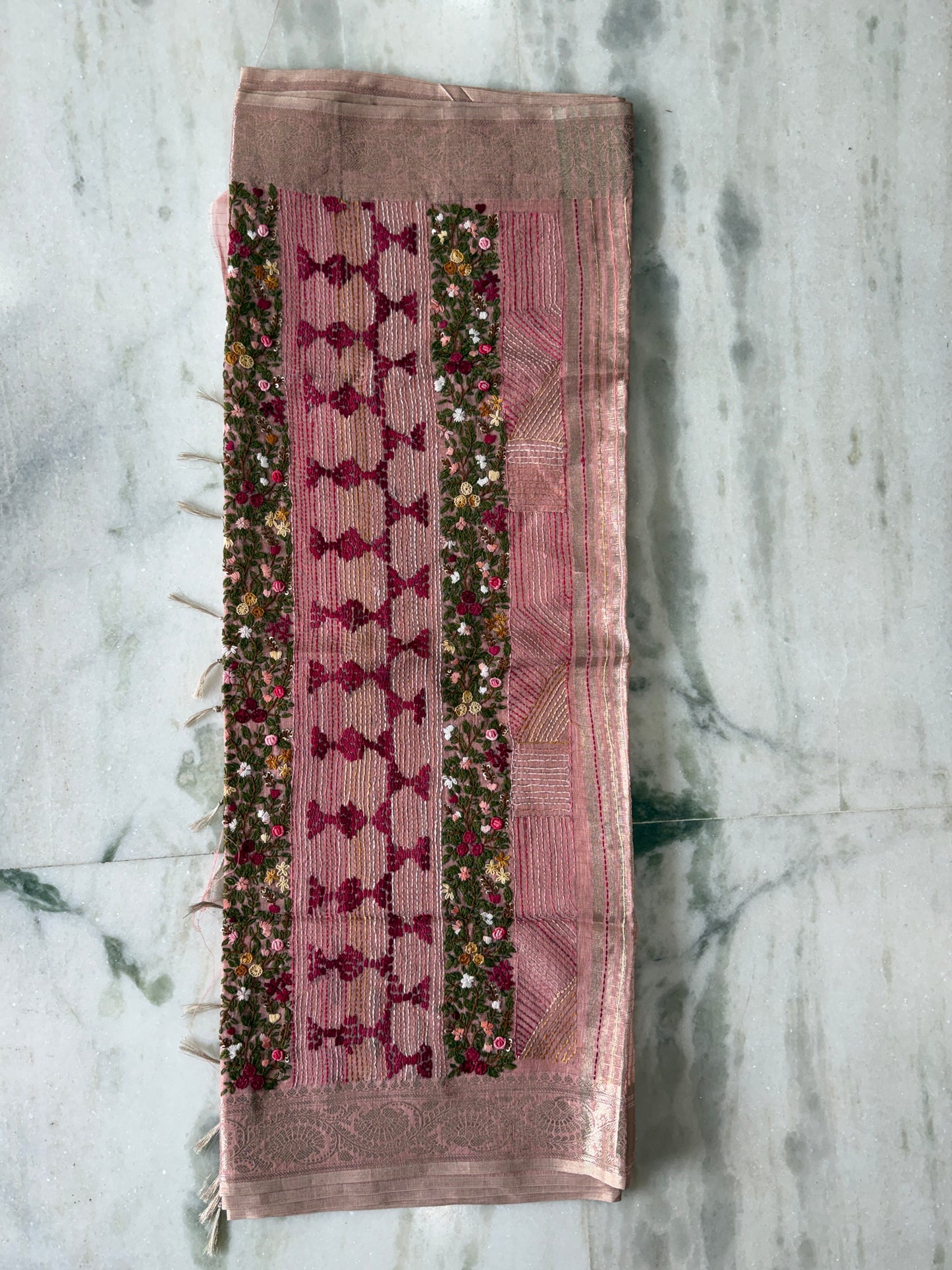 Kaya Kalpo Pink Benarasi Kota Silk Saree with Floral Embroidery Work | Lightweight Designer Saree