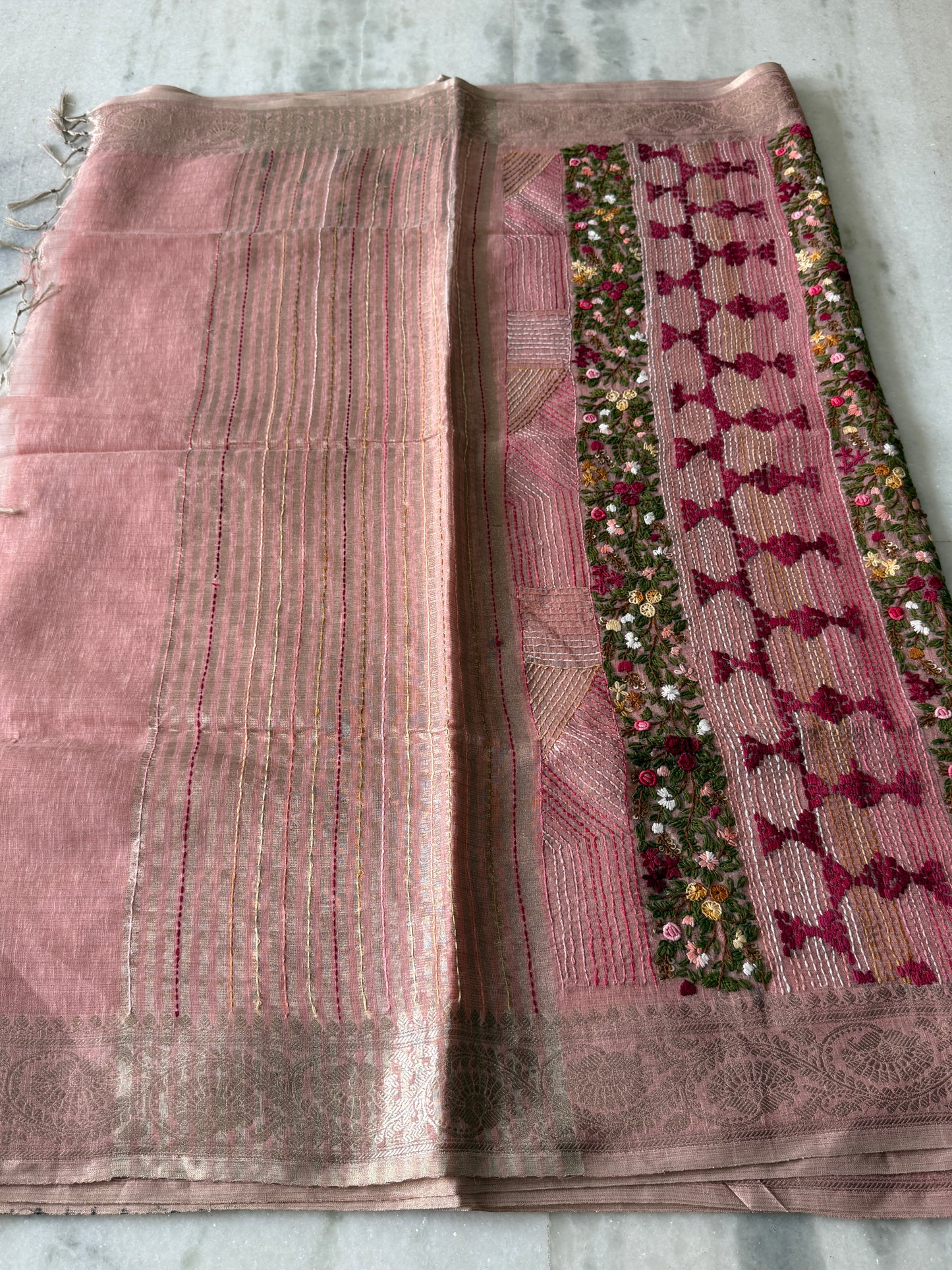 Kaya Kalpo Pink Benarasi Kota Silk Saree with Floral Embroidery Work | Lightweight Designer Saree