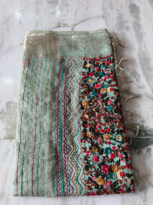 Kaya Kalpo Mint Green Benarasi Kota Silk Saree with Floral Embroidery Work | Lightweight Designer Saree