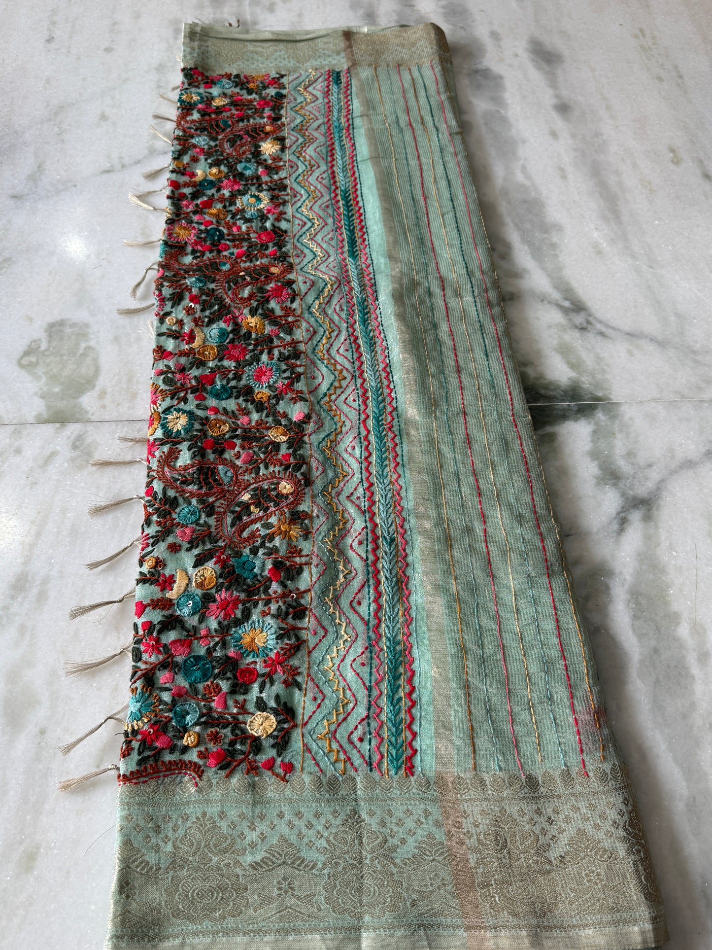 Kaya Kalpo Mint Green Benarasi Kota Silk Saree with Floral Embroidery Work | Lightweight Designer Saree