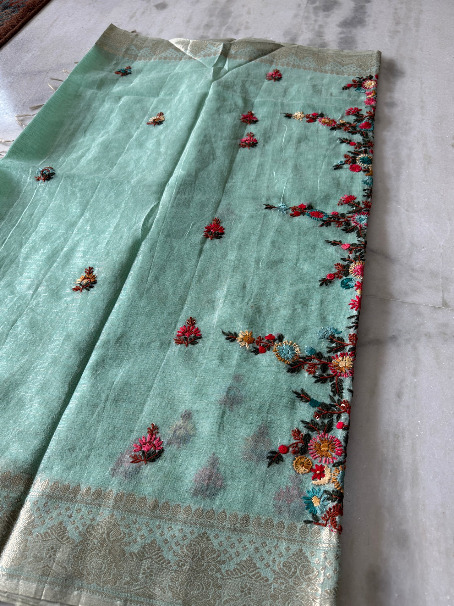 Kaya Kalpo Mint Green Benarasi Kota Silk Saree with Floral Embroidery Work | Lightweight Designer Saree